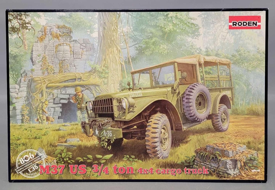 Roden 1:35 M37 US 3/4 ton 4x4 Cargo Truck kit 806: Roden 1:35 M37 US 3/4 ton 4x4 Cargo Truck kit 806 This is an open box, sealed bag kit with all parts accounted for and an original instruction sheet mint as seen in the photos.