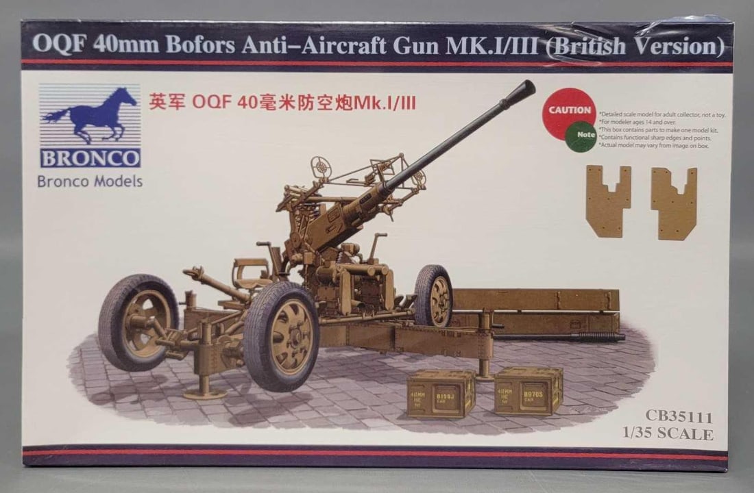 Factory Sealed Bronco 1:35 OQF 40 Bofors Ani-Aircraft Gun MK.I/III kit 35111: Factory Sealed Bronco 1:35 OQF 40 Bofors Ani-Aircraft Gun MK.I/III British Version kit stock number CB35111 mint as seen in the photos.