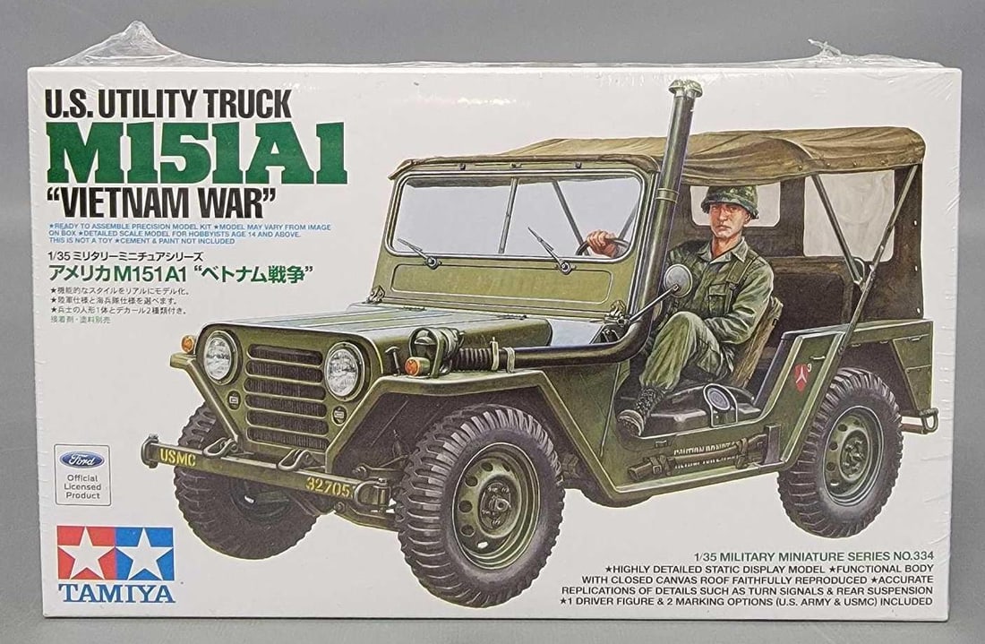 Factory sealed Tamiya 1:35 U.S. M151A1 Vietnam War kit 1800: Factory sealed Tamiya 1:35 U.S. M151A1 Vietnam War kit stock number 35334 1800 mint as seen in the photos.