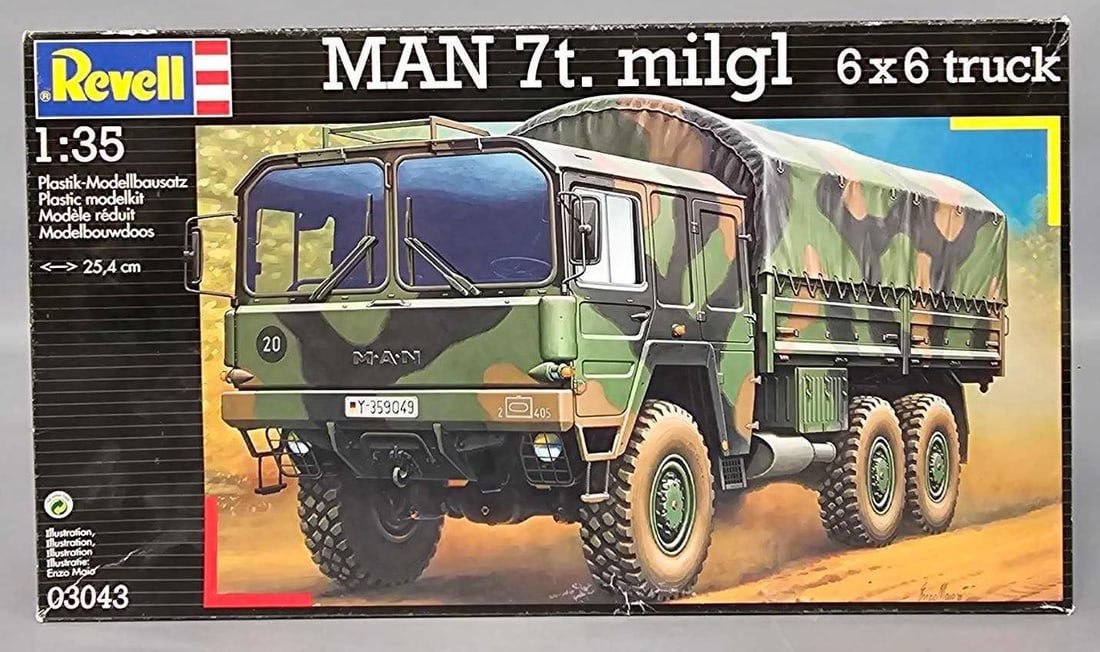 Revell 1:35 MAN 7t. Milgl 6X6 truck kit 03043: Revel 1:35 MAN 7t. Milgl 6X6 truck kit stock number 03043 This is an open box, sealed bag kit with all parts accounted for and an original instruction sheet mint as seen in the photos.