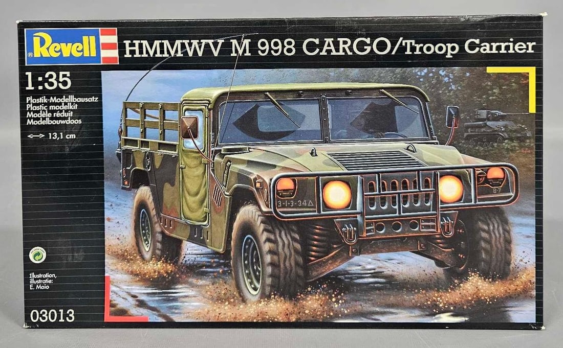 Revell 1:35 HMMWV M998 Cargo/Troop Carrier kit 03013: Revell 1:35 HMMWV M998 Cargo/Troop Carrier kit stock number 03013 This is an open box, sealed bag kit with all parts accounted for and an original instruction sheet mint as seen in the photos.
