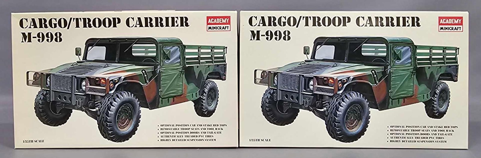 Group of two 1:35 Academy Minicraft Cargo/Troop Carrier M-998 kit 1362: Group of two 1:35 Academy Minicraft Cargo/Troop Carrier M-998 kit stock number 1362 These are an open box, sealed bag kit with all parts accounted for and an original instruction sheet mint as seen in