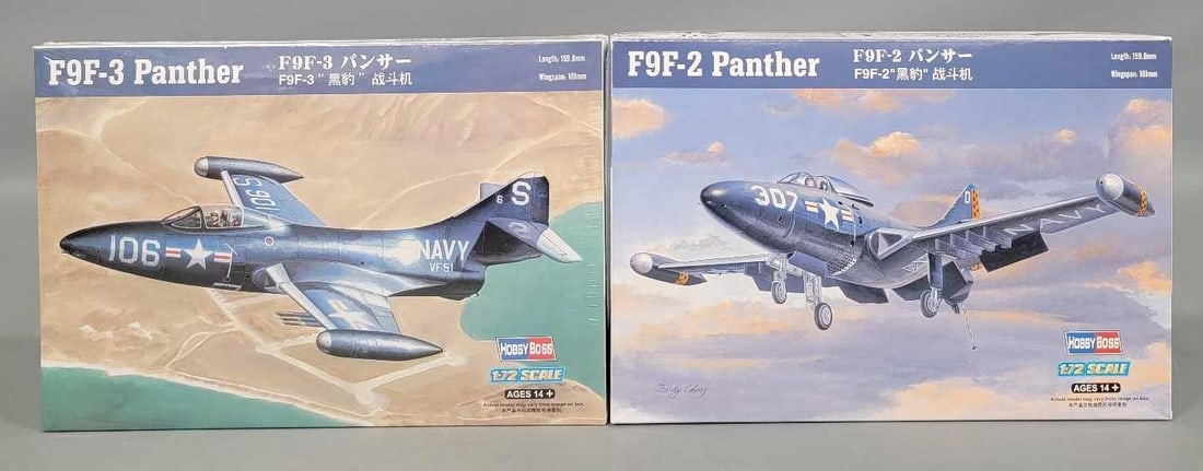 Two 1:72 Hobby Boss F9F-2 Panther and F9F-3 Panther kits 87250 87248: Two 1:72 Hobby Boss F9F-3 Panther factory sealed kit stock number 87250 mint as seen in the photos F9F-2 Panther open box sealed bag kit with all parts accounted for and an original instruction sheet 