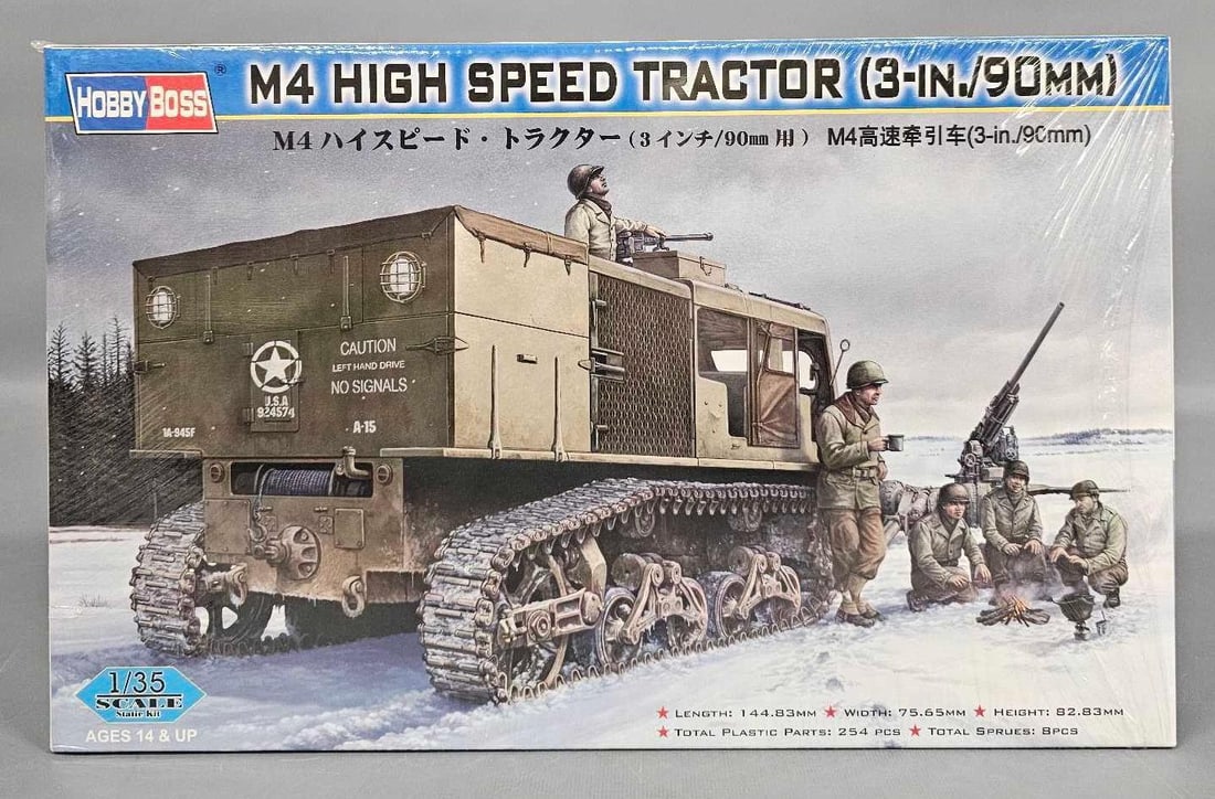 Factory sealed 1:35 Hobby Boss M4 High Speed Tractor 3-N./90mm kit 82407: Factory sealed 1:35 Hobby Boss M4 High Speed Tractor 3-N./90mm kit stock number 82407 mint as seen in the photos.