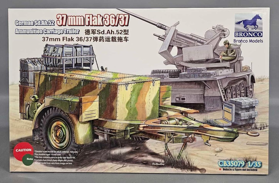 1:35 Bronco German Ammunition Carriage Trailer Sd.Ah.52 37mm Flak 36/37 kit 35079: 1:35 Bronco German Ammunition Carriage Trailer Sd.Ah.52 37mm Flak 36/37 kit stock number 35079 This is an open box, sealed bag kit with all parts accounted for and an original instruction sheet mint a