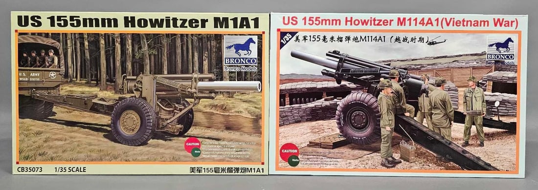 Group of two 1:35 Bronco 155mm Howitzer M114A1 US155mm Howitzer M1A1 kits 35102 35073: Group of two 1:35 Bronco 155mm Howitzer M114A1 Vietnam War kit stock number CB35102 US155mm Howitzer M1A1 kit stock number CB35073 This is an open box, sealed bag kit with all parts accounted for and 
