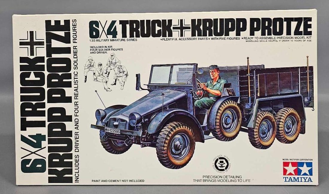 1:35 Tamiya 6x4 Truck Krupp Protze with four soldiers and driver kit 204A: 1:35 Tamiya 6x4 Truck Krupp Protze with four soldiers and driver kit stock number mm-204A This is an open box, sealed bag kit with all parts accounted for and an original instruction sheet mint as see