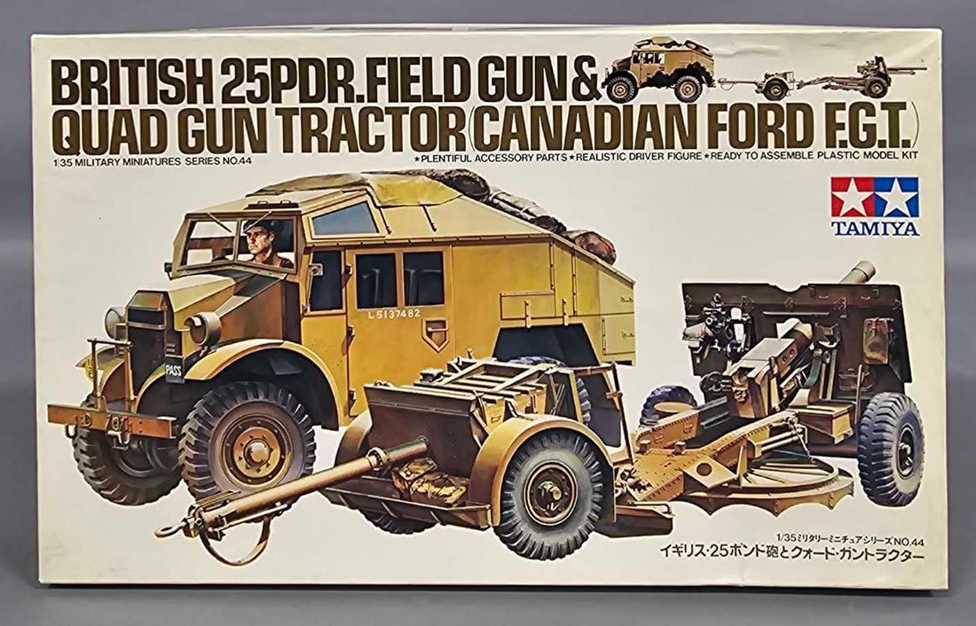 1:35 Tamiya British 25PDR.Field Gun and Quad Gun Tractor Canadian Ford F.G.T kit 144: 1:35 Tamiya British 25PDR.Field Gun and Quad Gun Tractor Canadian Ford F.G.T kit stock number MM-144 This is an open box, sealed bag kit with all parts accounted for and an original instruction sheet 