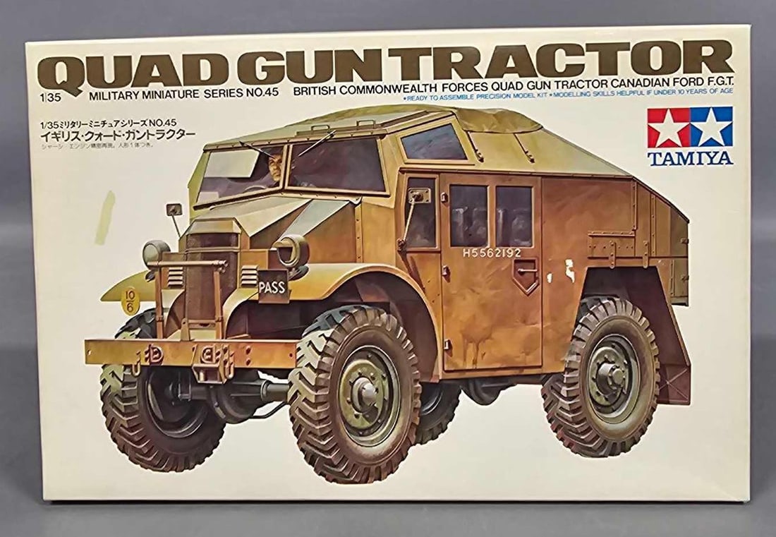 1:35 Tamiya Quad Gun Tractor kit 145: 1:35 Tamiya Quad Gun Tractor kit stock number MM-145 This is an open box, sealed bag kit with all parts accounted for and an original instruction sheet mint as seen in the photos.