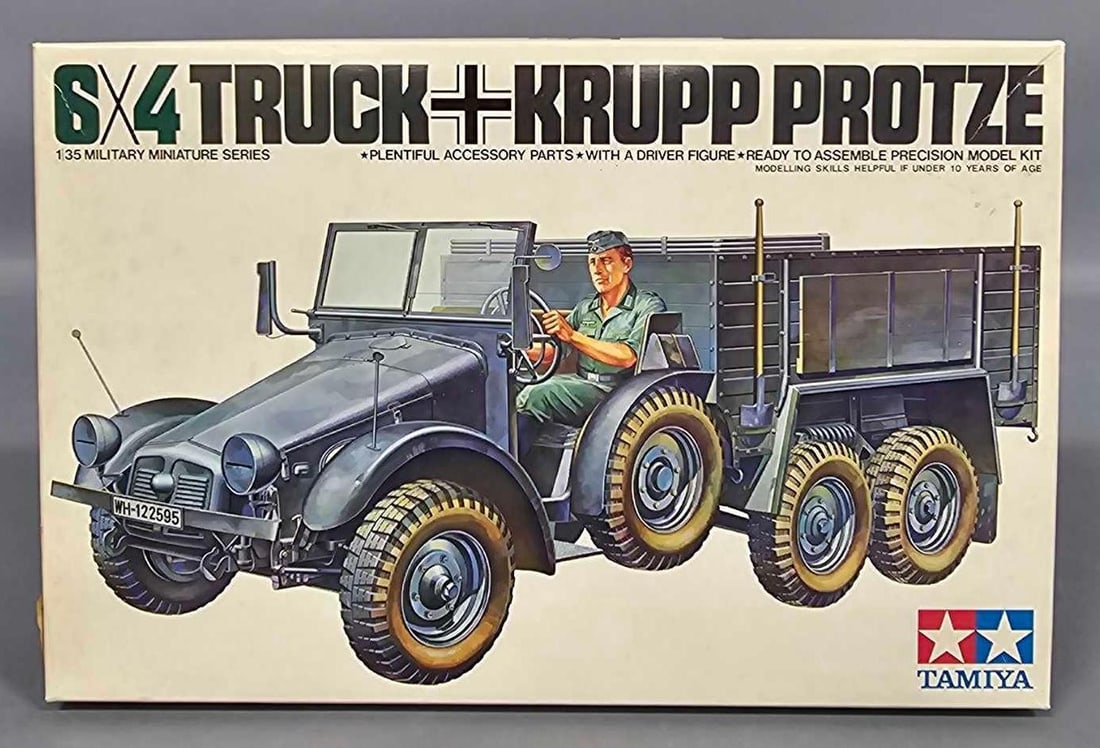 1:35 Tamiya 6x4 Truck Krupp Protze kit 204: 1:35 Tamiya 6x4 Truck Krupp Protze with a driver figure kit stock number MM-204 This is an open box, sealed bag kit with all parts accounted for and an original instruction sheet mint as seen in the p