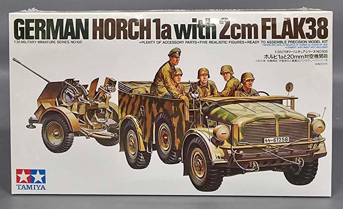 Factory sealed 1:35 Tamiya German HORCH1a with 2cm FLAK38 kit 1800: Factory sealed 1:35 Tamiya German HORCH1a with 2cm FLAK38 with five Realistic figures kit stock number 35105 1800 mint as seen in the photos.