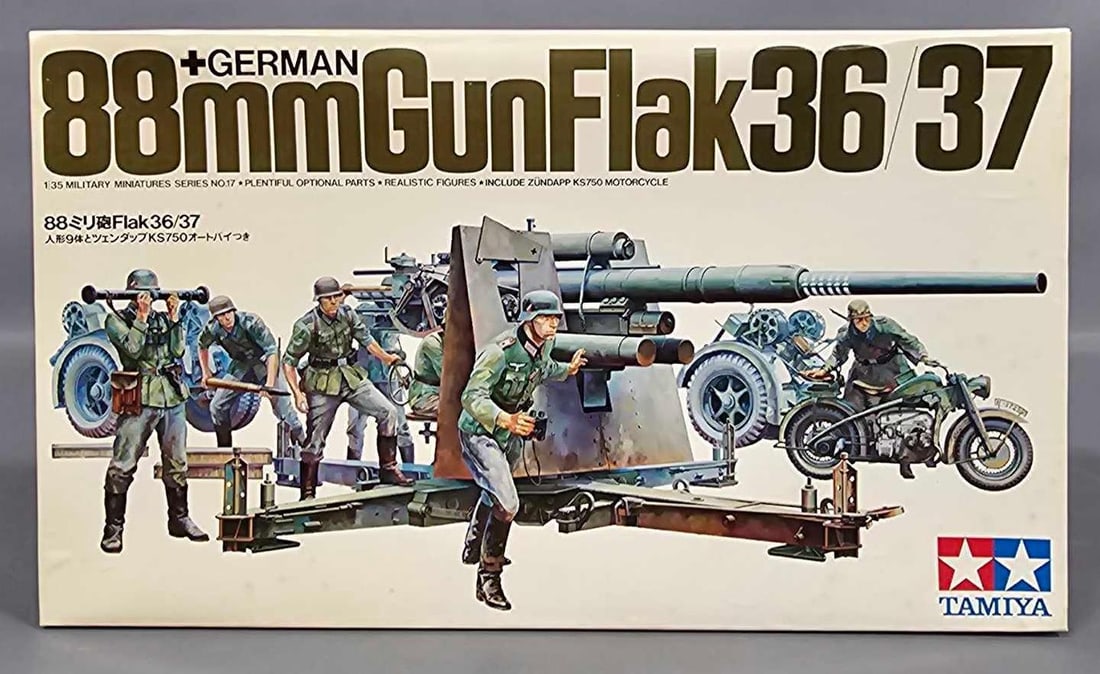 1:35 Tamiya German 88mm Gun Flak 36/37 kit 100: 1:35 Tamiya German 88mm Gun Flak 36/37 with realistic giures and motorcycle kit stock number MM117-1000 This is an open box, sealed bag kit with all parts accounted for and an original instruction she