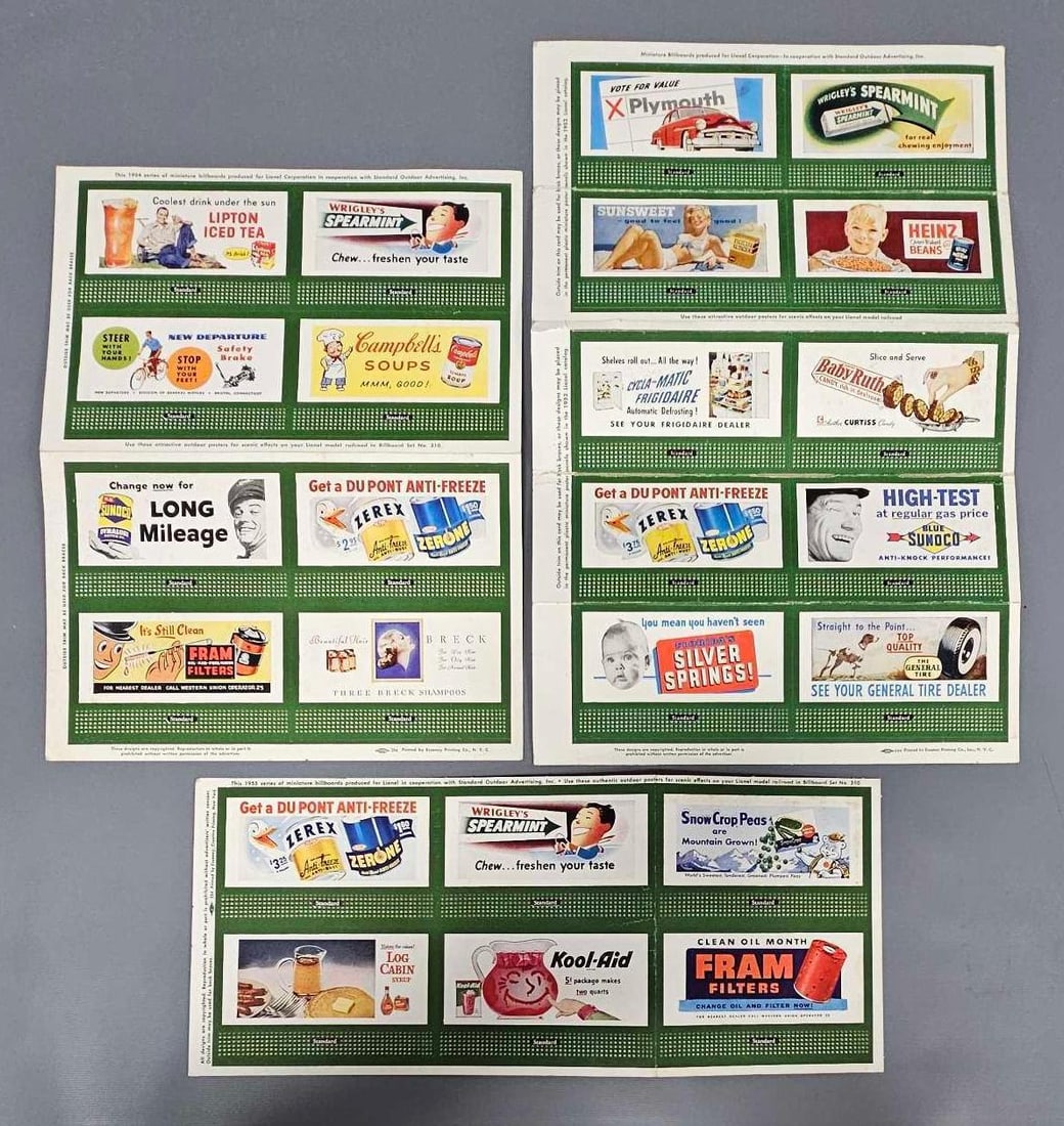 Three uncut Lionel postwar O billboard sheets: Three uncut Lionel postwar O billboard sheets to include to include very nice 1954 and 1955 plus a complete but good to very good 1952 sheet as seen in the photos.