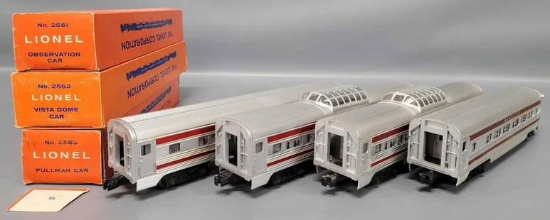 Lionel postwar O red stripe Santa Fe extruded aluminum cars with three original boxes: Lionel postwar O red stripe Santa Fe extruded aluminum cars with three original boxes to include two 2652 Regal Pass vista dome cars, 2563 Indian Falls Pullman and 2561 Vista Valley observation car, t