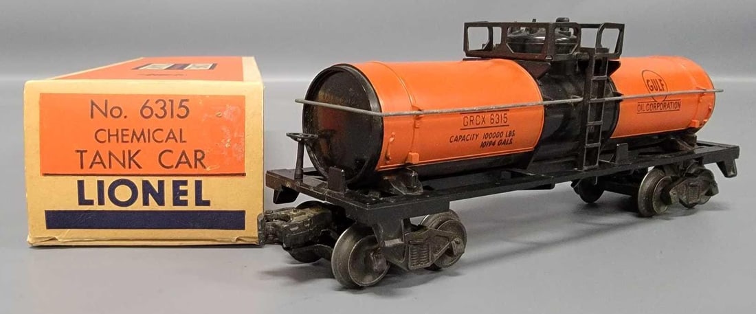 Lionel postwar O 6315 Gulf chemical tank car in original box BLT 1-56: Lionel postwar O 6315 Gulf chemical tank car in original box with BLT 1-57 on the sides. Car shows heavy run time and is C7 in a very good original box with tape repairs as seen in the photos.