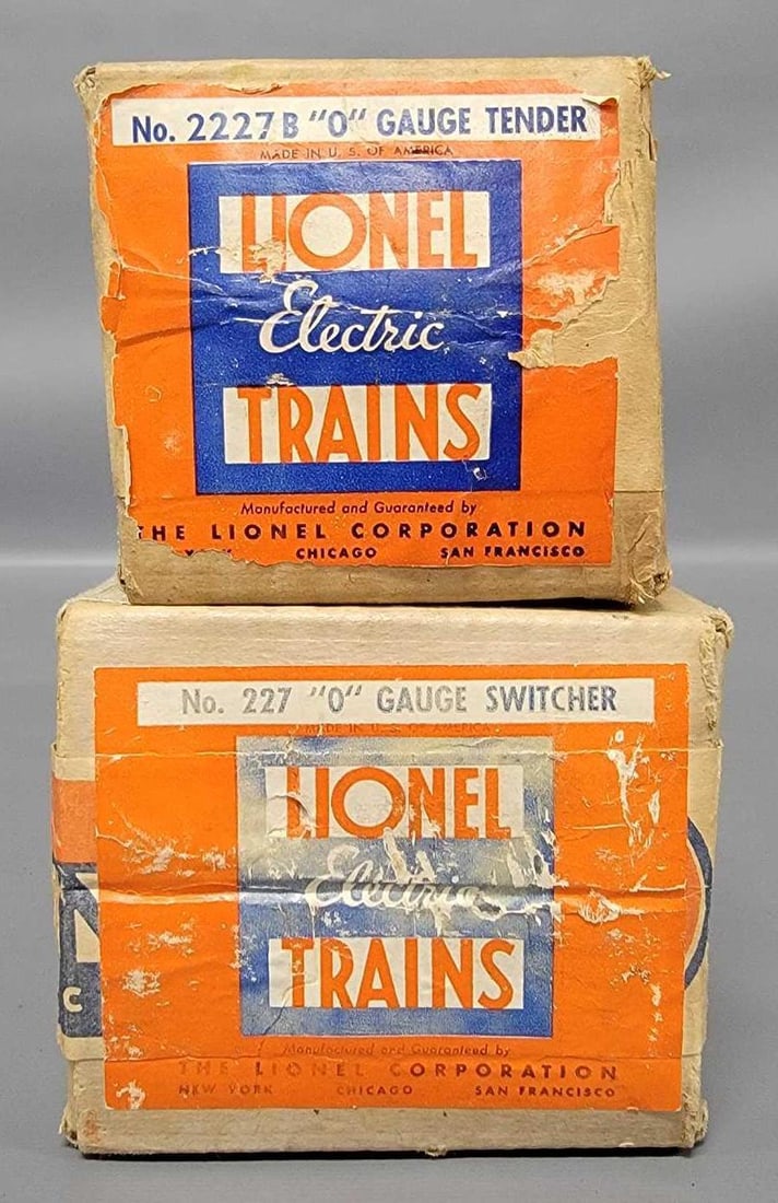 Lionel prewar O gauge 227 switcher and 2227B tender original boxes ONLY: Lionel prewar O gauge 227 switcher and 2227B tender original boxes only. Both opened on the opposite end of the label and in very good to excellent condition as seen in the photos. The inserts appear