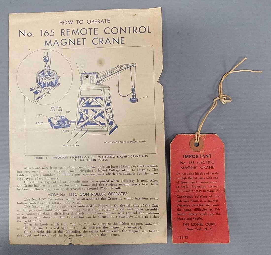 Lionel prewar O gauge 165 magnetic crane original instruction sheet and scarce red tag (1 of 5)