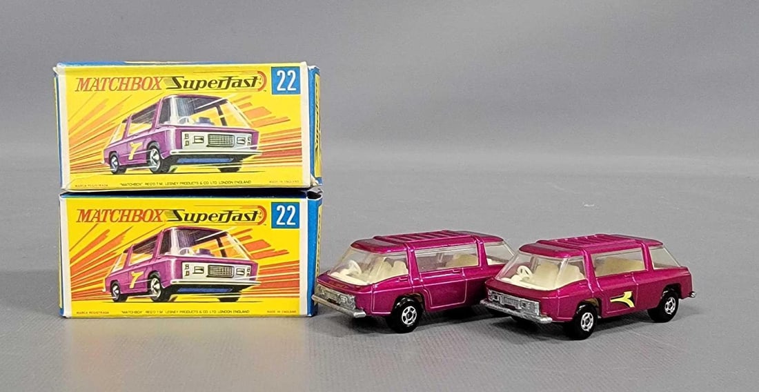 Matchbox two Superfast 22 Freeman Inter-City Commuter in F1 boxes: Matchbox two Superfast series 22 Freeman Inter-City Commuter one has decal on the side one does not have a decal in near mint to mint condition in F1 boxes. One box is very good condition the other is