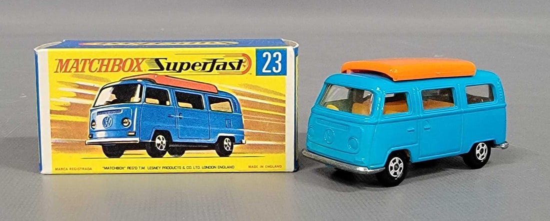 Matchbox transitional Superfast 23 Blue Volkswagen Camper in F1 box: Matchbox transitional Superfast 23 Blue Volkswagen Camper in near mint to mint condition in an excellent to near mint F1 box as seen in the photos.