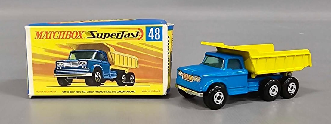 Matchbox Superfast 48 Dodge Dumper Truck with Blue cab in F1 box: Matchbox Superfast series 48 Dodge Dumper Truck with Blue cab in near mint to mint condition with a very good to excellent F1 box as seen in the photos.