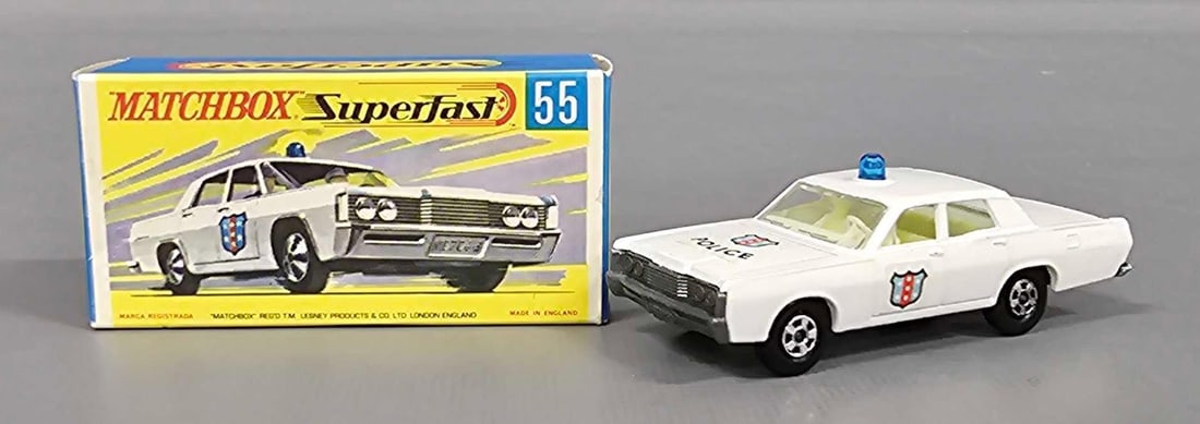 Matchbox transitional Superfast 55 Police Car in F1 box: Matchbox transitional Superfast 55 Police Car in near mint to mint condition in a excellent to near mint F1 box as seen in the photos.