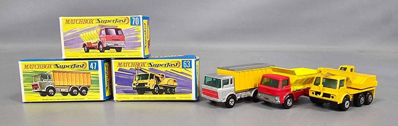Matchbox Superfast 47/63/70 consists of  Daf Truck, Dodge Crane, Grit Spreader in F1 boxes (1 of 11)