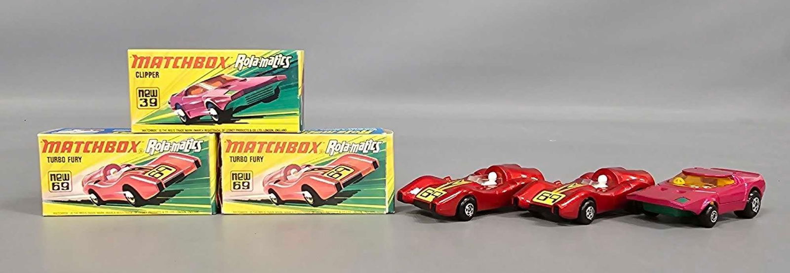 Matchbox Rolamatics 39 Clipper, 69 Turbo Fury, 69 Turbo Fury in I boxes: Matchbox Rolamatics 39 Clipper, 69 Turbo Fury, 69 Turbo Fury. 39 Clipper in near mint to mint condition in an excellent to near mint I box, 69 Turbo Fury in near mint to mnt condition in a fair to goo