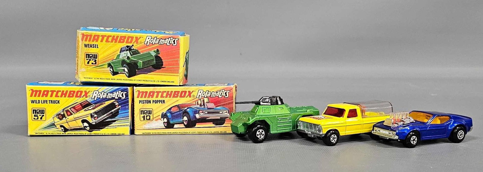 Matchbox Rolamatics 10 Piston Popper, 73 Weasel, 57 Wild Life Truck in I boxes (1 of 11)
