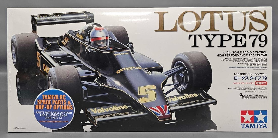 Factory sealed 1/10 Tamiya electric R/C Lotus Type 79 kit 18800: Factory sealed 1/10 scale Tamiya electric R/C Lotus Type 79 stock number 84122 18800 in mint condition as seen in the photos.