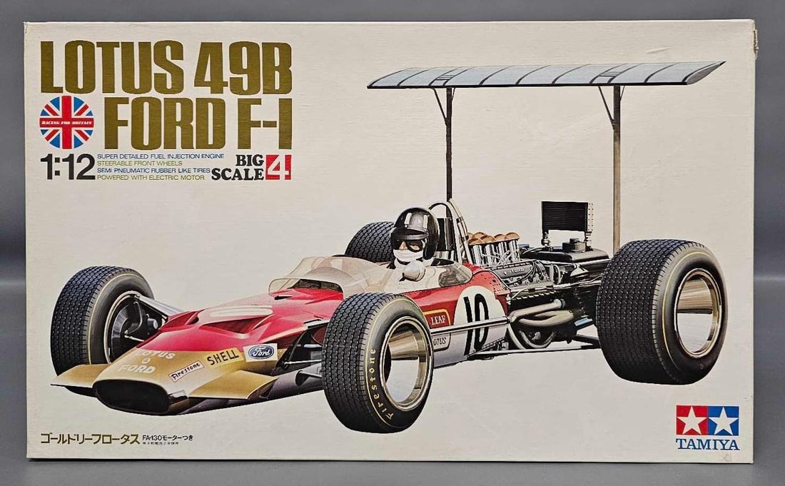Tamiya 1/12 Lotus 49B Ford F-1 Big Scale 4 kit 2000: Tamiya 1/12 scale Lotus 49B Ford F-1 Big Scale 4 kit stock number BS1204 2000 in open box without decals all other parts are in factory sealed bags in near mint condition as seen in the photos.