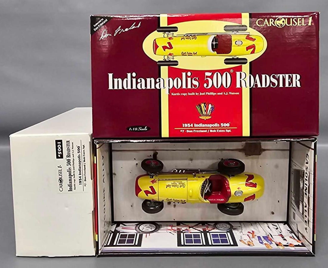 Carousel 1 1954 Don Freeland 1/18 Indy 500 Roadster in original box: Carousel 1 stock number 5001 1954 Don Freeland 1/18 scale Indy 500 Roadster Bob Estes Special in mint condition in mint original box as seen in the photos.
