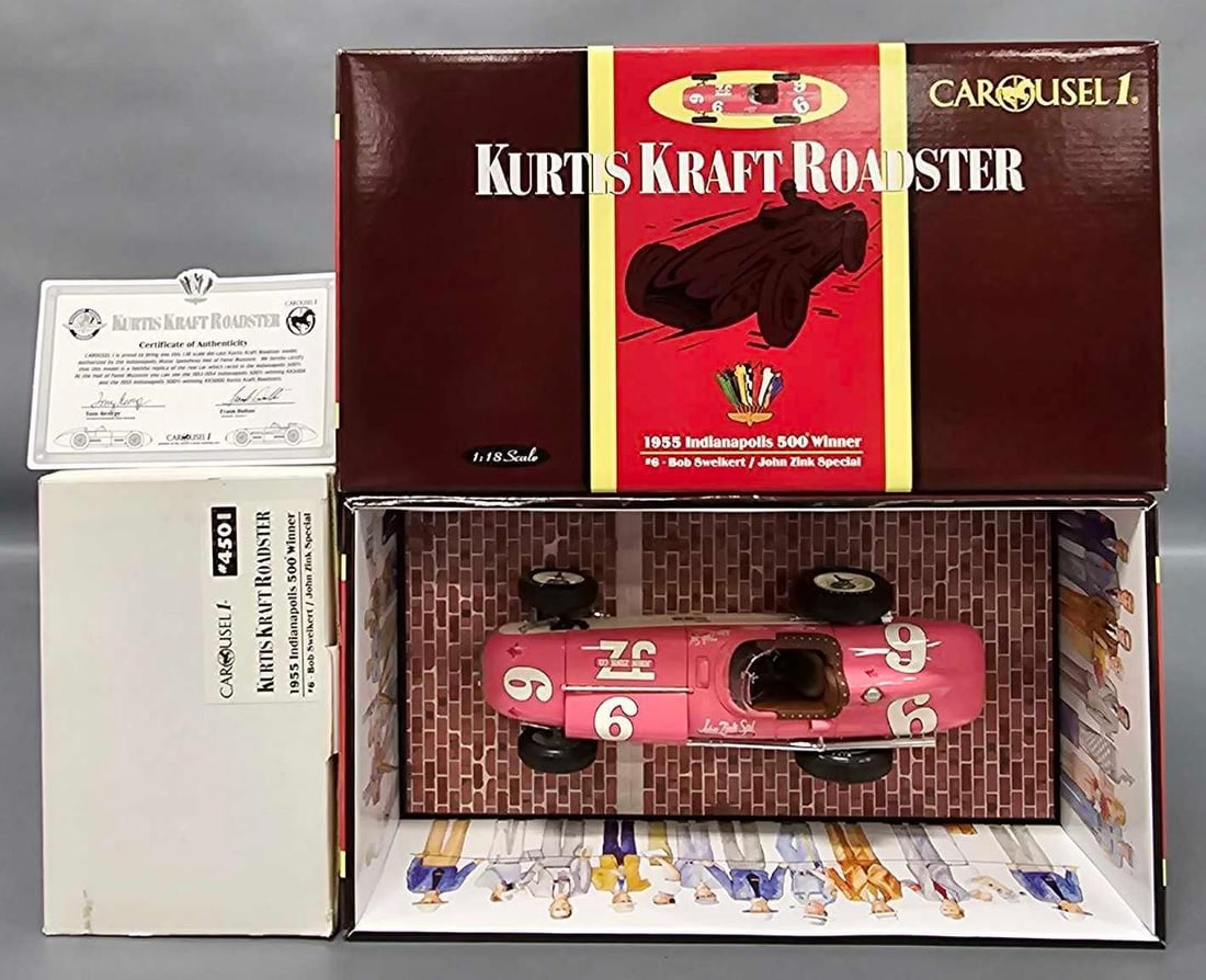 Carousel 1 Kurtis Kraft 1/18 Roadster 1955 Indy 500 Winner Bob Sweikert/John Zink Special in OB: Carousel 1 stock number 4501 Kurtis Kraft 1/18 scale Roadster 1955 Indy 500 Winner Bob Sweikert/John Zink Special in mint condition in mint original box as seen in the photos.