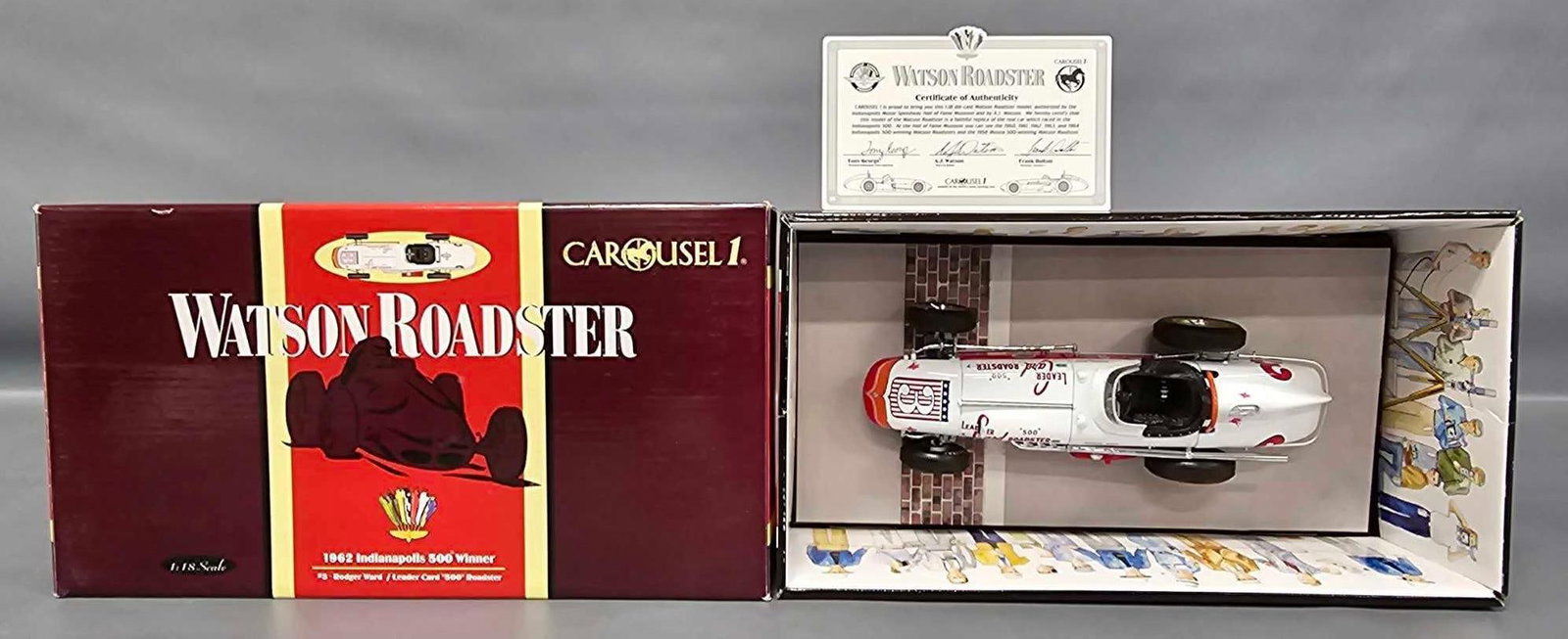 Carousel 1 1962 1/18 Indy 500 Watson Roasdster Rodger Ward in original box: Carousel 1 stock number 4404 1962 1/18 scale Indy 500 Watson Roasdster Rodger Ward in mint condition in a near mint original box as seen in the photos.