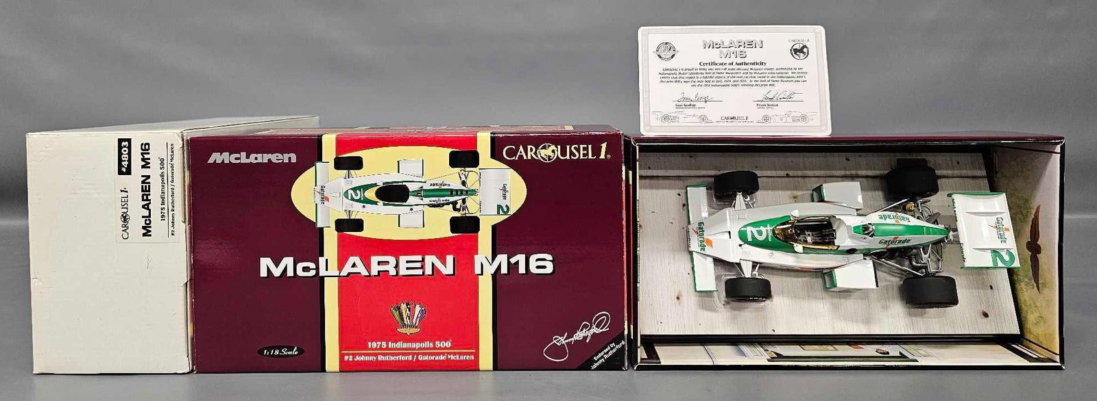 Carousel 1 1975 1/18 Indy 500 McLaren M16 Johnny Rutherford in original box: Carousel 1 stock number 4803 1975 1/18 scale Indy 500 McLaren M16 Johnny Rutherford in mint condition in an excellent original box as seen in the photos.