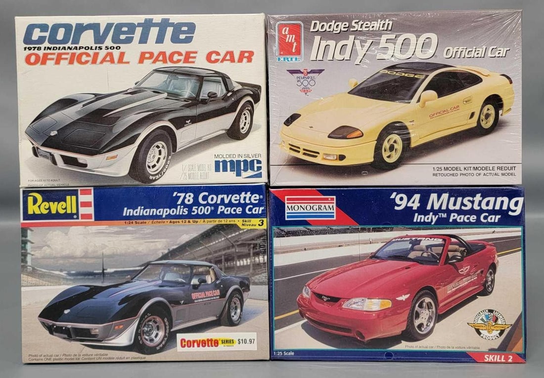 Four models three are 1/25 and one 1/24 three factory sealed one open in Obs: Four models three are 1/25 scale and one 1/24 scale three factory sealed one open in original boxes. Consists of MPC 1/24 scale 1978 Corvette Official Indy 500 Pace Car in open box with all parts acco