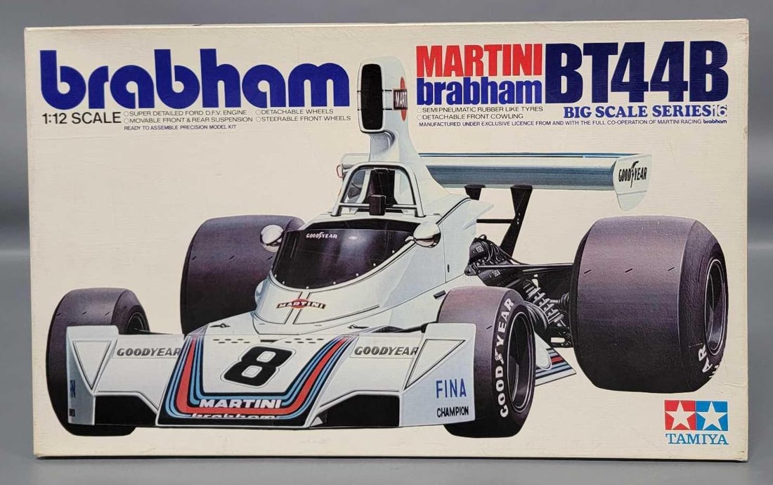 Tamiya 1/12 Brabham Martini BT44B in original box kit 1218: Tamiya 1/12 scale Brabham Martini BT44B kit stock number BS1218 in open box without decals in excellent condition as seen in the photos.