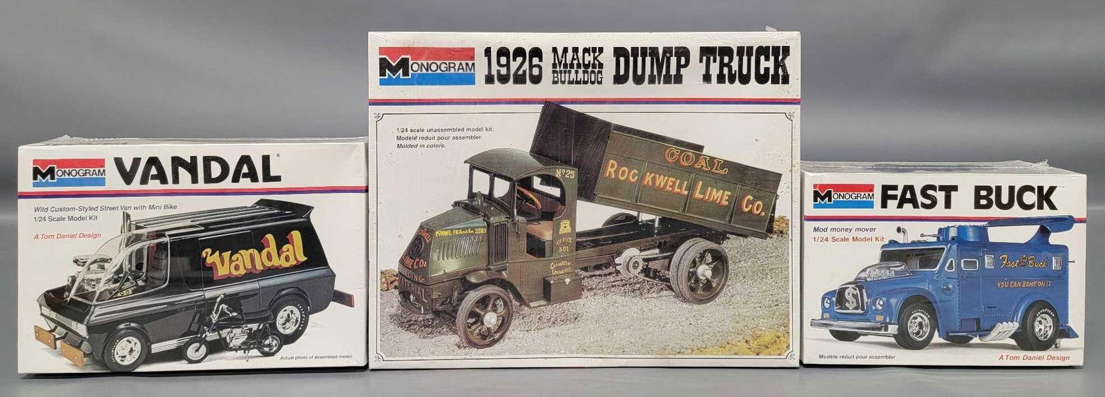 Factory sealed Monogram 1/24 Fast Buck Vandal and Mack Bulldog Dump Truck kits (1 of 6)