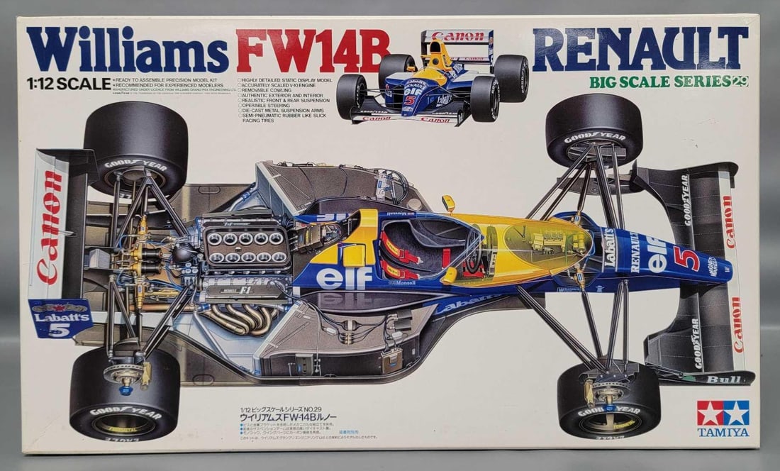 Tamiya 1/12 Williams FW14B Renault Big Scale Series No 29 in original box kit 12000: Tamiya 1/12 scale Williams FW14B Renault Big Scale Series No 29 With removable Cowling kit stock number 12029 12000 in an open box with all parts accounted for in excellent condition as seen in the ph