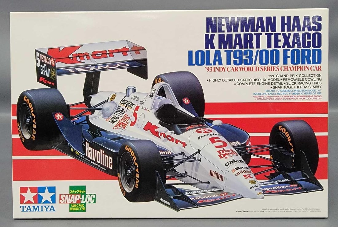 Tamiya 1/20 Newman Haas Lola T93/00 Ford in original box kit 20040: Tamiya 1/20 scale Newman Haas Lola T93/00 Ford 1993 Indy Car World Series Champion Car with with removable Cowling kit 20040 in original box with all plastic parts accounted for in factory sealed bags
