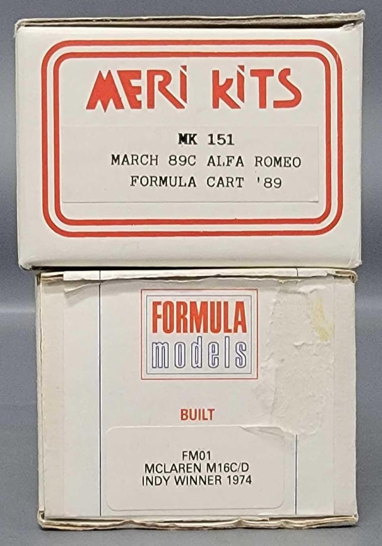 Two 1/43 Formula Models and Meri Kits in original boxes FM01 MK 151: Two 1/43 Formula Models and Meri Kits in original boxes FM01 MK 151 to include Meri Kits 1979 March 89C Alfair Romeo kit stock number MK 151, Formula Models 1974 McLaren M16C/D Indy 500 Winner in exce