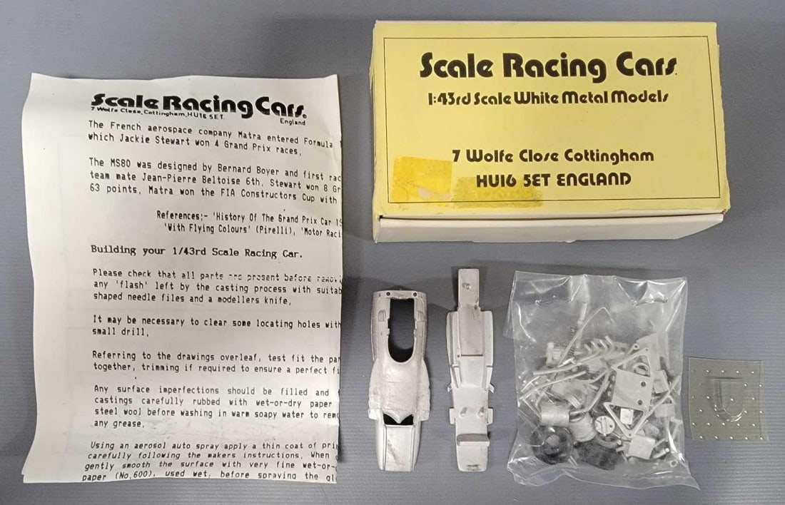 SRC Racing Cars 1/43 F1 Matra MS80 in original box kit 17-87: SRC 1/43 scale F1 Matra MS80 Jackie Stewart kit stock number 17-87 in excellent condition in original open box with all parts accounted for except the decals as seen in the photos.