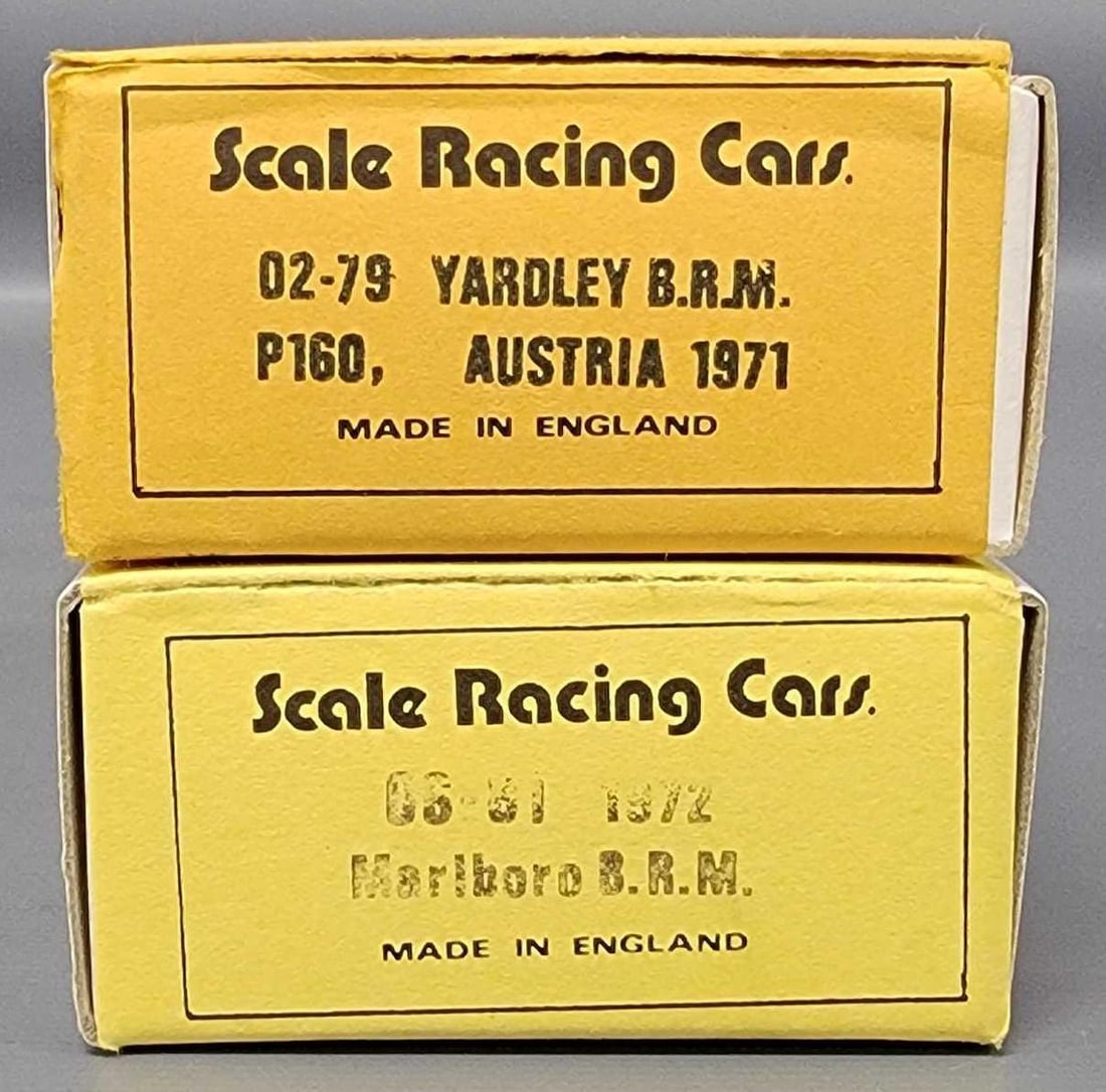 Two SRC 1/43 Yardley BRM P160 Marlbor BRM in original box kits 02-79: Two SRC 1/43 scale Yardley BRM P160 Marlbor BRM cars. Yardley BRM P16 Austria 1971 kit stock number 02 79, 1972 Morlboro BRM kit stock number 06 81 in excellent condition in original open box with all
