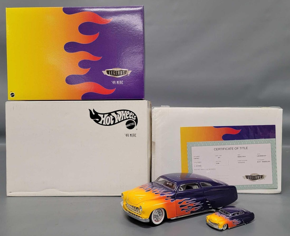 Hotwheels Legends 1/24 1949 Mercury in original box: Hotwheels Legends 1/24 1949 Mercury with Certificate of Title and 1/64 scale car in near mint condition as seen in the photos.