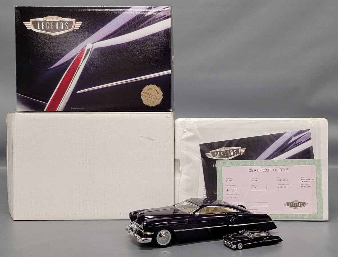 Hotwheels Legends 1/24 Cadzzilla in original box: Hotwheels Legends 1/24 Cadzzilla 1948 Cadillac Certificate of Title and 1/64 scale car in near mint condition as seen in the photos.