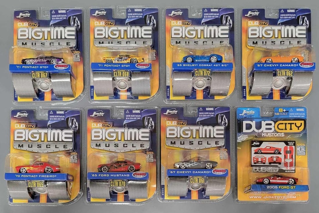Eight Jada Dub City Bigtime Muscle cars in original blister packs: Eight Jada Dub City Bigtime Muscle cars in original blister packs. All cars are in orignal blister packs in excellent condition as seen in the photos.