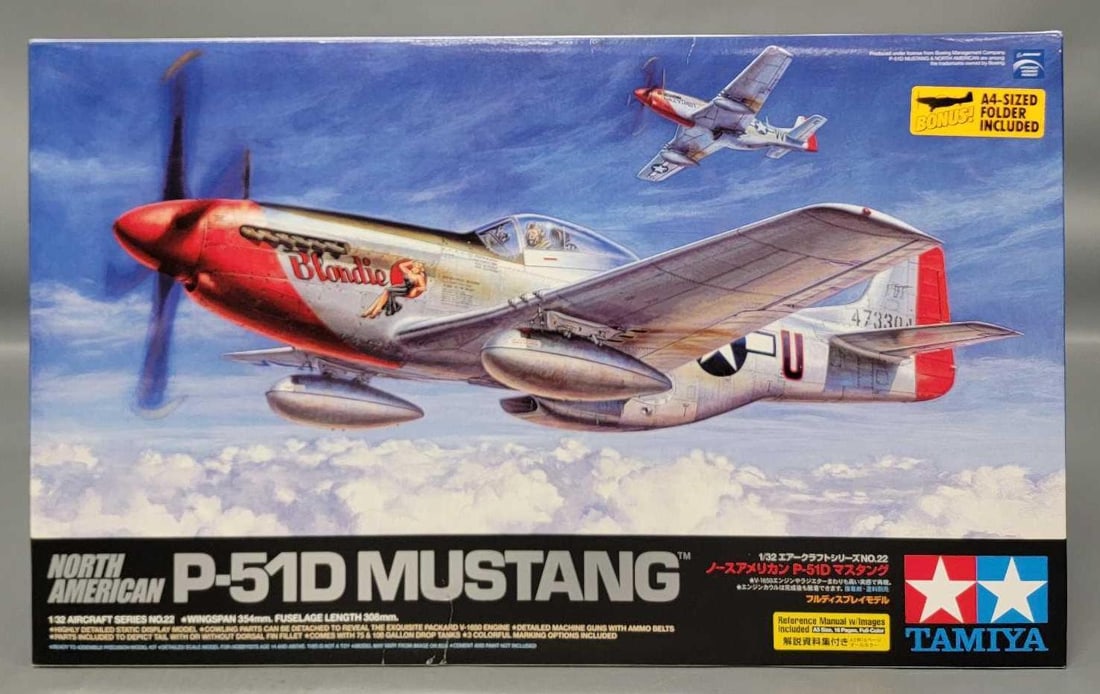 Tamiya 1/32 North America P-51 D Mustang in original box kit 60322 9800: Tamiya 1/32 scale North America P-51 D Mustang kit stock number 60322 9800 in excellent condition in original open box with all parts accounted for as seen in the photos.