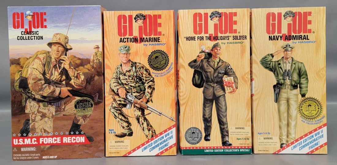 Four factory sealed GI Joe Limited Ediion WW II Classic Collection: Four factory sealed GI Joe Limited Ediion WW II Classic Collection with Navy Admiral, Home For The Holidays Soldier, Action Marine, USMC Force Recon, in excellent to near mint condition as seen in the
