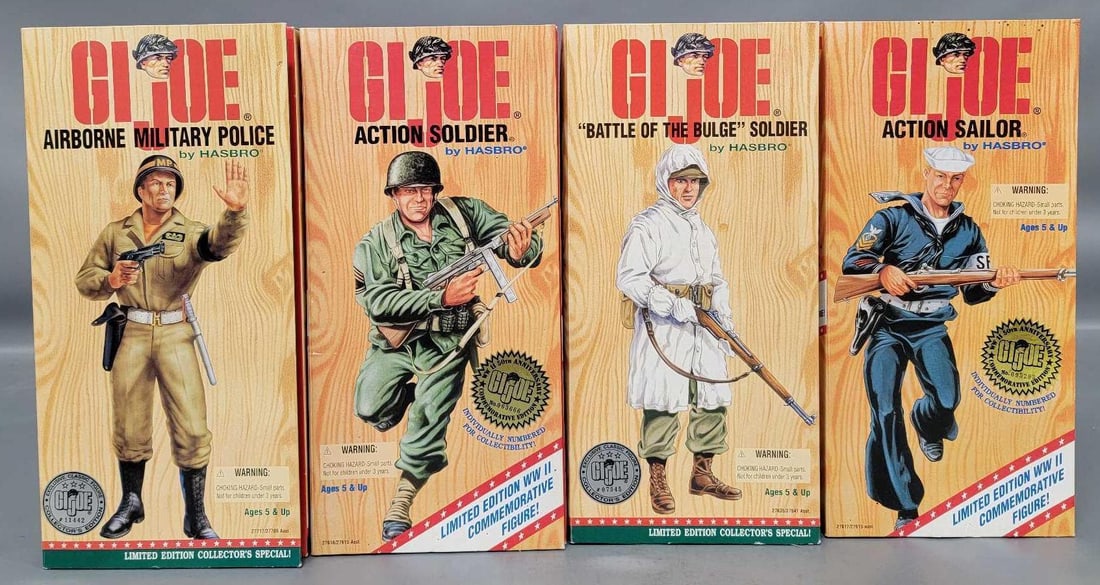 Four factory sealed GI Joe Limited Edition 50th Anniversary WW II: Four factory sealed GI Joe Limited Edition 50th Anniversary WW II with Action Sailor WW II, Battle of the Bulge Soldier, Action Soldier WW II, Airborn Military Police, in excellent to near mint condit