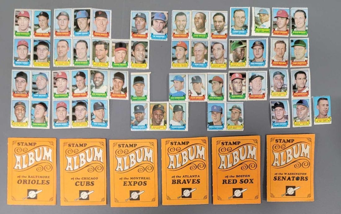 Group of 1969 Topps baseball stamp albums with stickers plus unused stickers (1 of 6)
