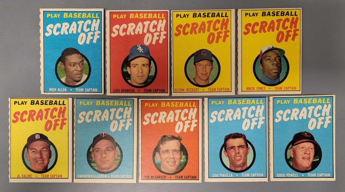 Nine unused 1970 Topps Play baseball scratch off: Nine unused 1970 Topps Play baseball scratch off to include Dick Allen, Luis Aparicio, Glenn Beckert, Mack Jones, Al Kaline, Harmon Killebrew, Tim McCarver, Lou Piniella and Boog Powell, all in excell